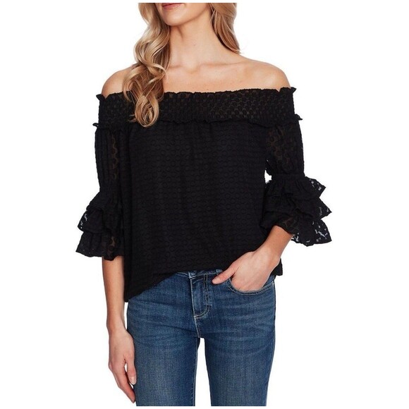 CECE Black Tonal Textured Dot Off Shoulder Ruffle Sleeve Blouse M Nordstrom - Picture 1 of 7